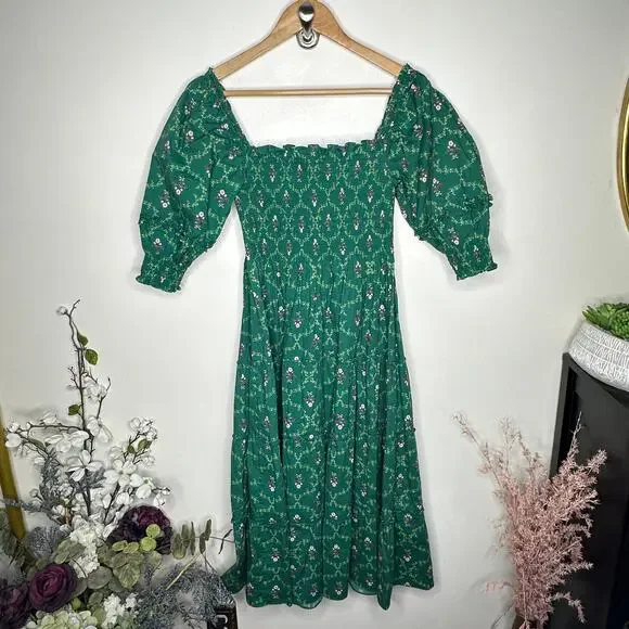 HILL HOUSE The Ellie Nap Dress Emerald Trellis Green Floral Sz XS $178 {3M3} - Picture 6 of 8